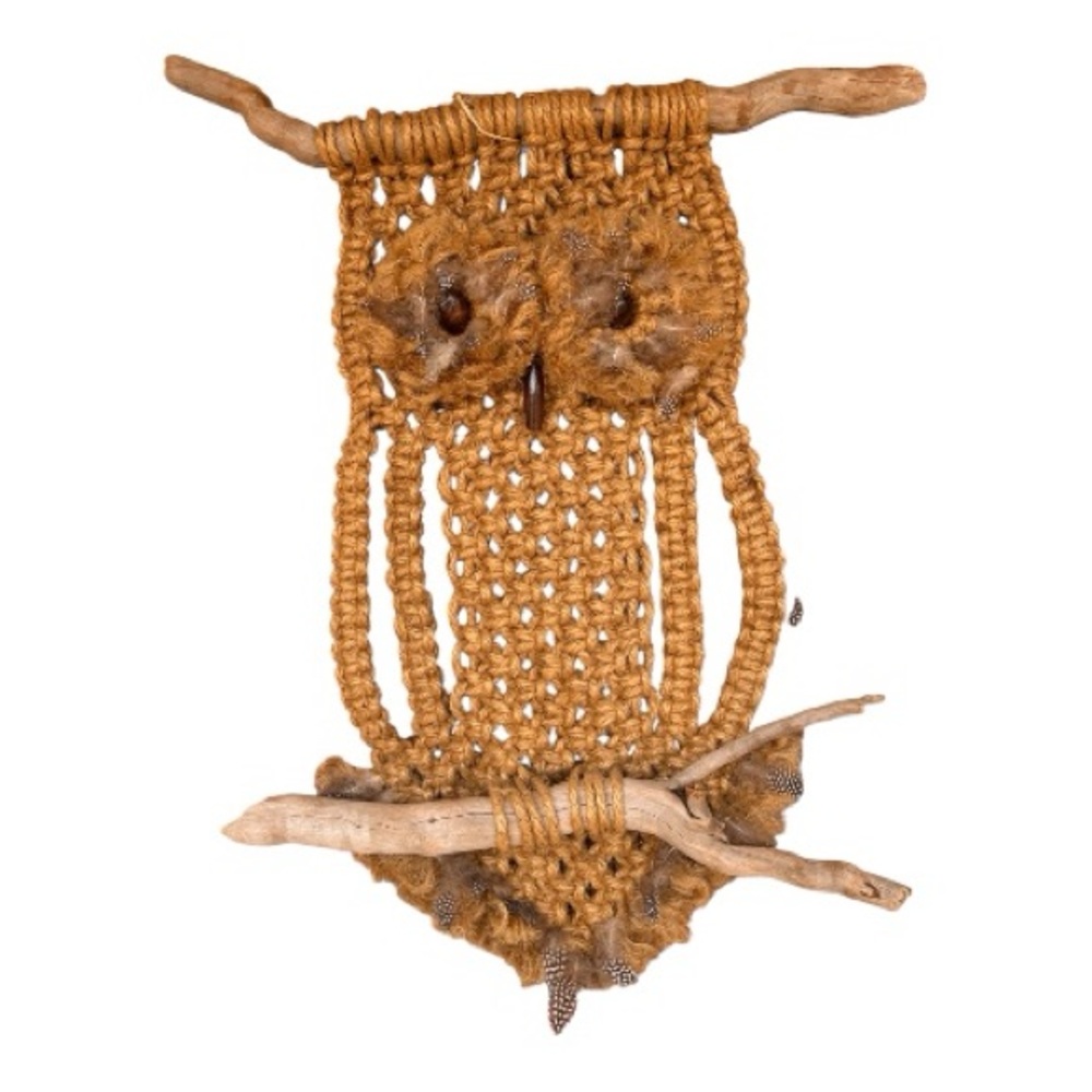 Large Vintage 70s macrame Owl with driftwood pieces